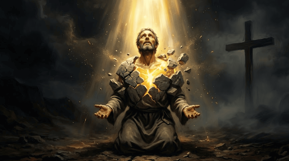 Imagem artística de alma em oração se dissolvendo em luz dourada, simbolizando a Meditação Quaresma sobre a morte do orgulho.