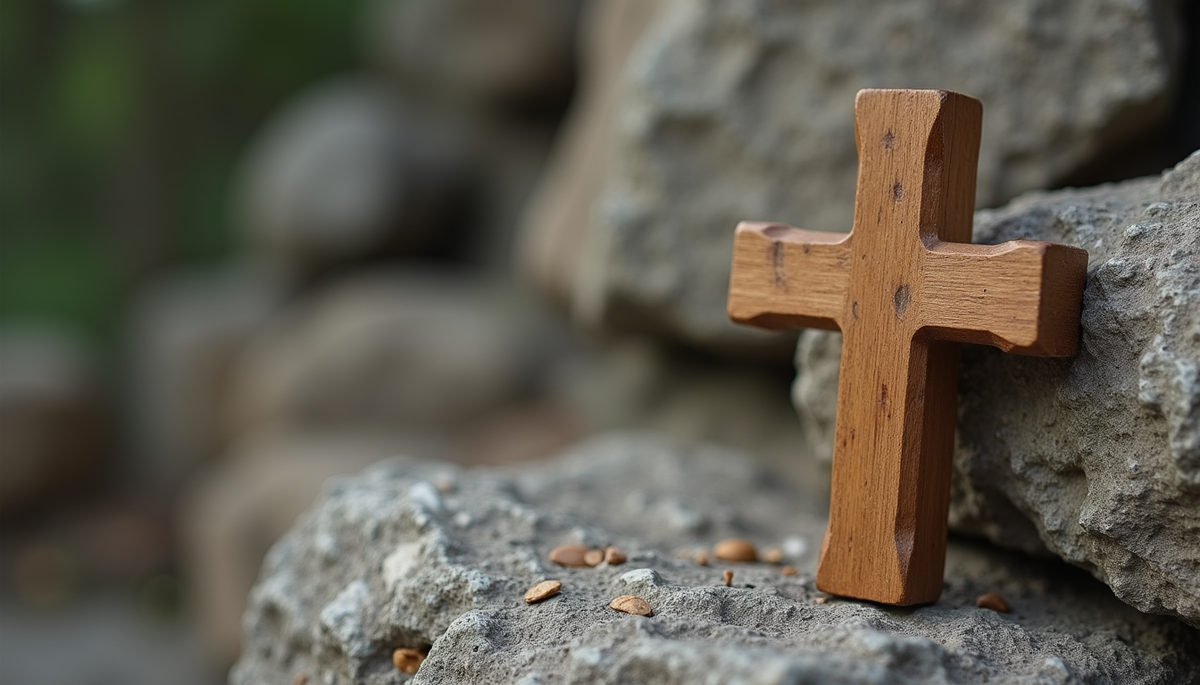 Close-up view of a rustic wooden cross on a stone background