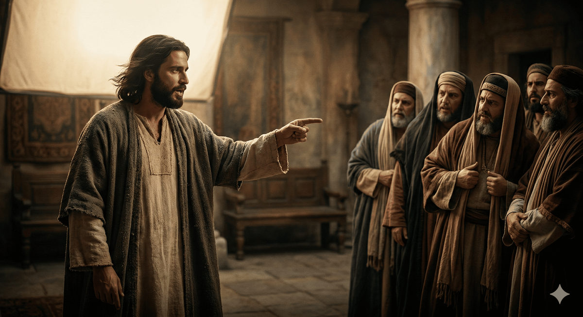 Meditação Quaresma: Jesus confrontando os escribas e fariseus sobre a humildade e hipocrisia, cena cinematográfica hiperrealista.
