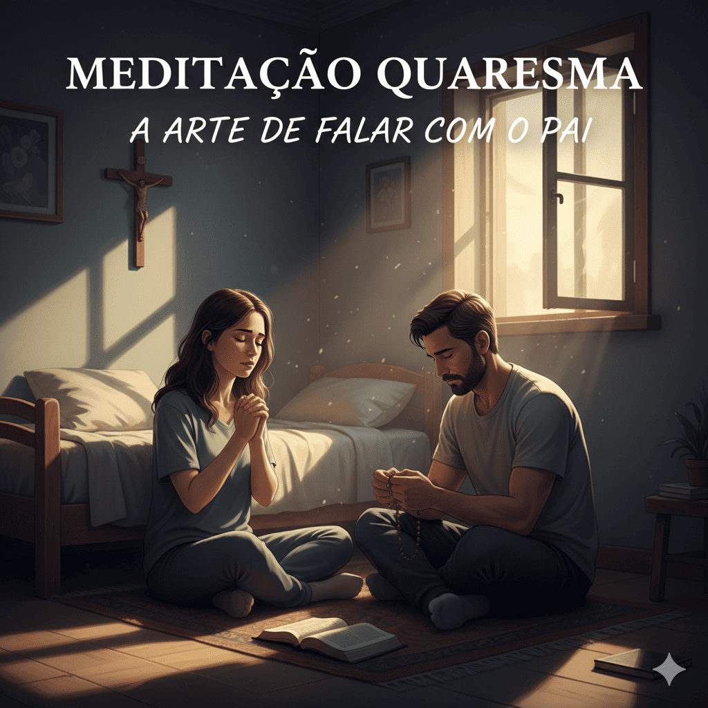 Um casal em oração silenciosa dentro de um quarto iluminado pela luz da manhã, ilustrando a Meditação Quaresma sobre a arte de falar com o Pai.