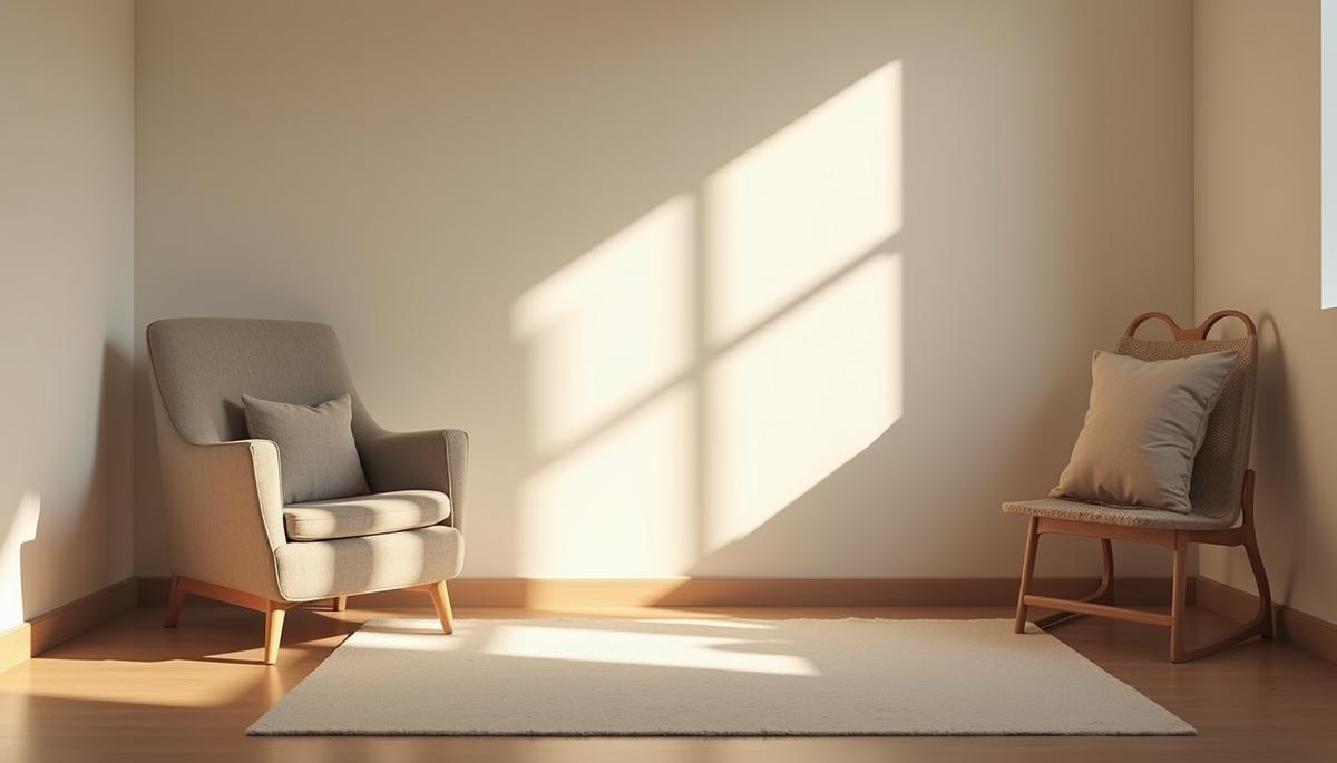 Eye-level view of a calm therapy room with a comfortable chair and soft lighting
