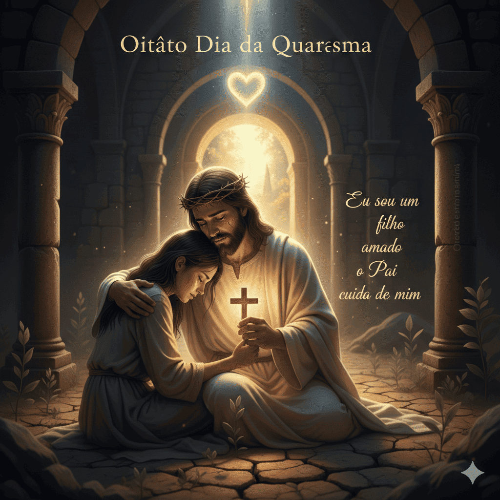 Ilustração espiritual de Jesus Cristo abraçando acolhedoramente uma jovem em um ambiente de pedra iluminado, semelhante a uma capela ou claustro antigo. Jesus usa uma túnica branca e uma coroa de espinhos suave, segurando uma pequena cruz iluminada junto com a jovem. Acima deles, um coração de luz brilha intensamente sob um feixe de luz celestial. No topo, lê-se 'Oitavo Dia da Quaresma' e, ao lado, a frase: 'Eu sou um filho amado o Pai cuida de mim'. A atmosfera é de paz, perdão e acolhimento