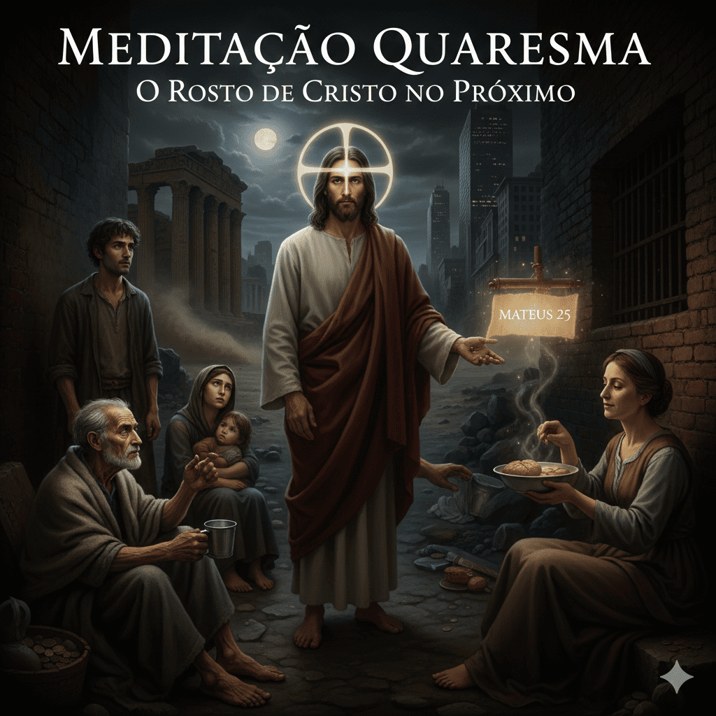 Jesus Cristo entre os pobres e necessitados, ilustração para Meditação Quaresma sobre Mateus 25.