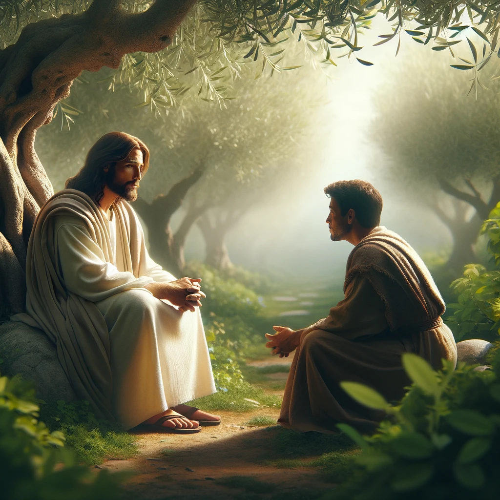 A imagem retrata uma cena serena e inspiradora de Jesus, vestido com trajes tradicionais, sentado sob uma oliveira em um jardim tranquilo. Ele está envolvido em uma conversa gentil e atenta com uma pessoa de aparência indeterminada, que está sentada de frente para Ele, ouvindo atentamente, refletindo um sentido de paz e compreensão. O fundo da imagem mostra um jardim exuberante, simbolizando esperança e renovação, com uma luz natural suave filtrando através das folhas, destacando a interação compassiva.