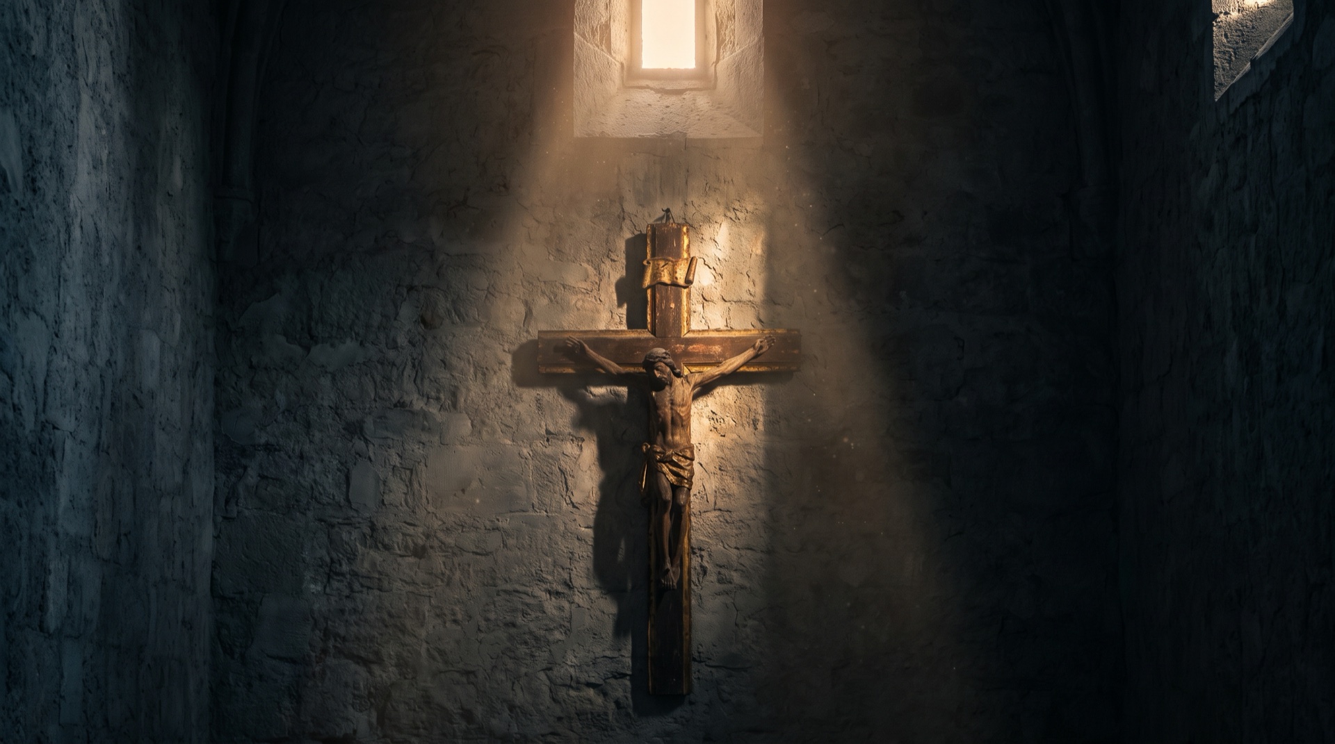 Um crucifixo de madeira em uma capela escura, tocado por um único raio de luz