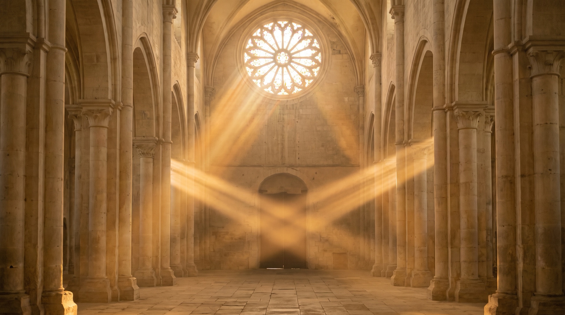 Raios de sol atravessando a rosácea de uma abadia antiga