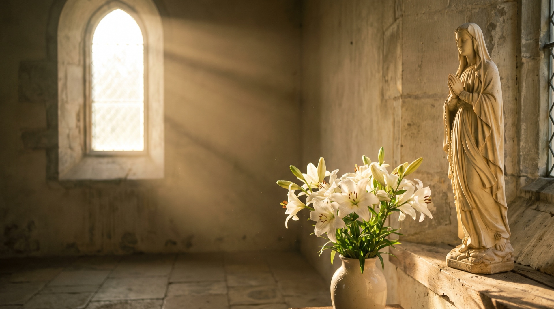 Lírios brancos e a luz da manhã em uma capela, ao lado de uma imagem de Nossa Senhora