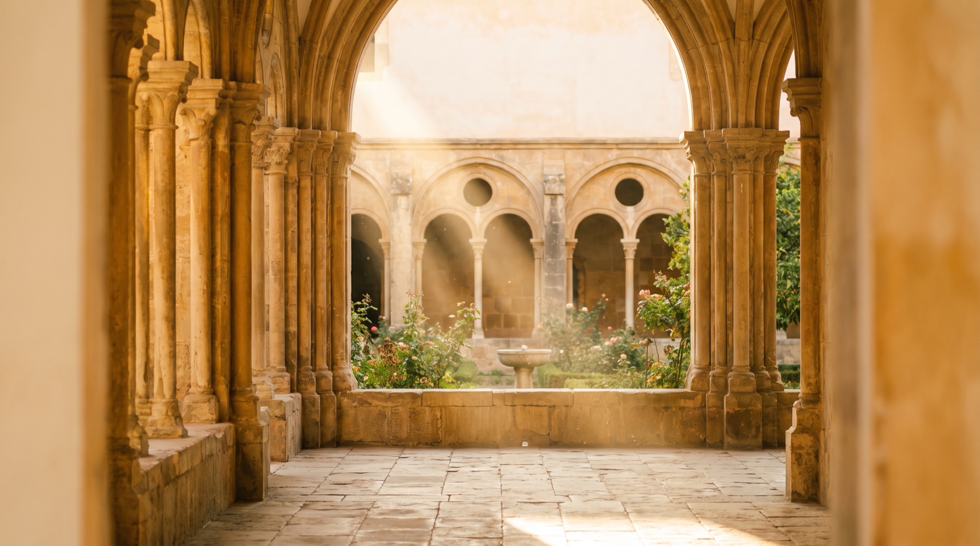 A luz do fim da tarde atravessando o claustro de um mosteiro