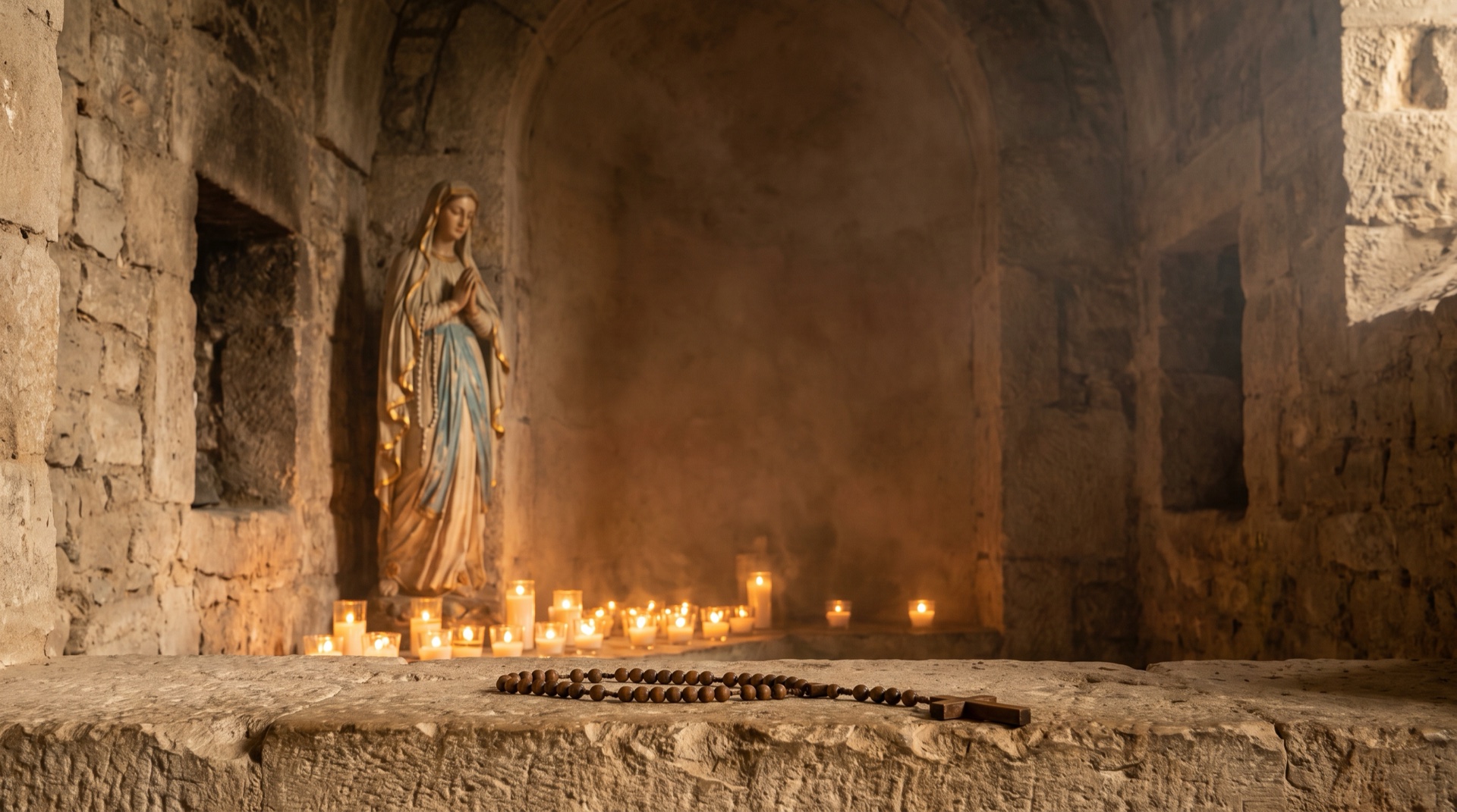 Imagem de Nossa Senhora em uma capela de pedra, iluminada por dezenas de velas
